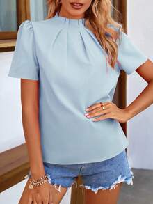 Pariaura Women's Simple Commuter Solid Color Casual Folding Pleated Short Sleeve Shirt, Summer - Blue - View 4