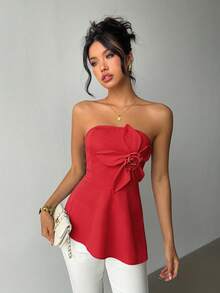 Elenzga Plus Size Women's Red 3D Rose Tube Top, Strapless High Waist Irregular Hem Satin Blouse For Summer Date Night - Red - View 7