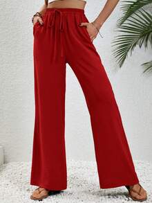 SHEIN Tall 女士卡其色休闲度假风弹力腰抽绳宽松直筒裤 - 紅色 - 查看 4
