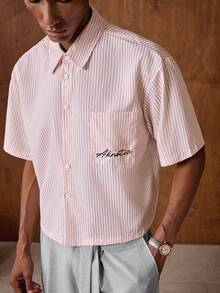 AKNOTIC Men's Casual Striped Short Sleeve Shirt, Summer - Khaki - View 3