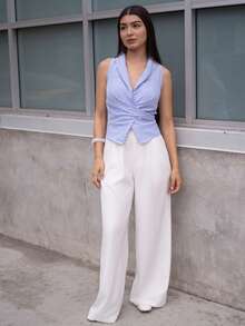 Andrea Bello 女士无袖 V 领系腰蝴蝶结优雅衬衫 - 彩色 - 查看 6