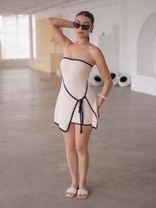Andrea Bello Robe pull ajustée à lacets, décontractée et confortable, avec blocs de couleurs - Beige - Voir 5