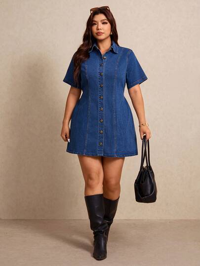 Elaquor 2026 Spring Summer New, Plus Size Women's Casual Daily Commute Single-Breasted Short Sleeve Waist Cinched Denim Dress, Summer Dress, Summer, Summer Outfits, Gold Buckle Decor, Shirts Denim Dress, Short Sleeve, Deep Blue Denim Short Sleeve Shirt Collar Well Fits Denim Mini Dress For Ladies, Suitable For Daily Commute, Office Attire, Party, Holiday Dress, Brunch, Traveling, Work Wear, Plus Size Denim Dress For Women, Casual, Commute-A
