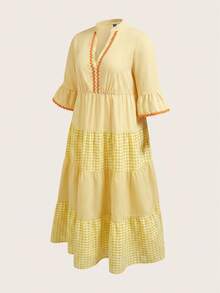 SHEIN LUNE Plus Size Summer Vacation Striped & Plaid Splice Notched Neck Dress Fall - Yellow - View 3