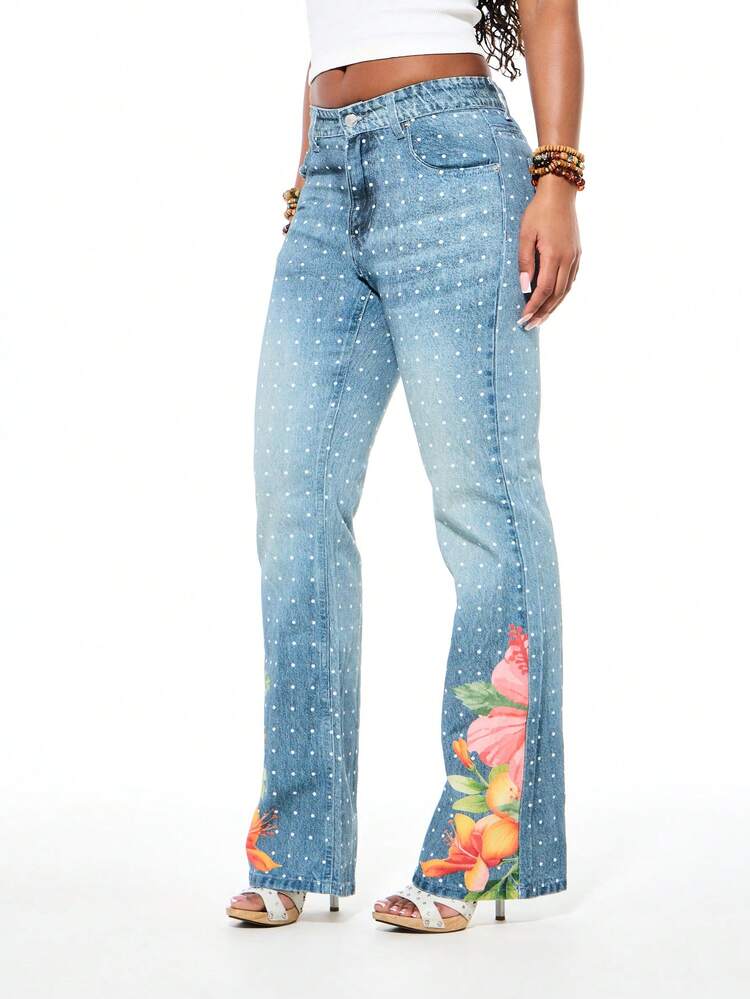 SUMWON WOMEN Jeans a zampa di elefante da donna con stampa a pois e fiori, vita alta, gamba ampia, stile denim vintage bohémien