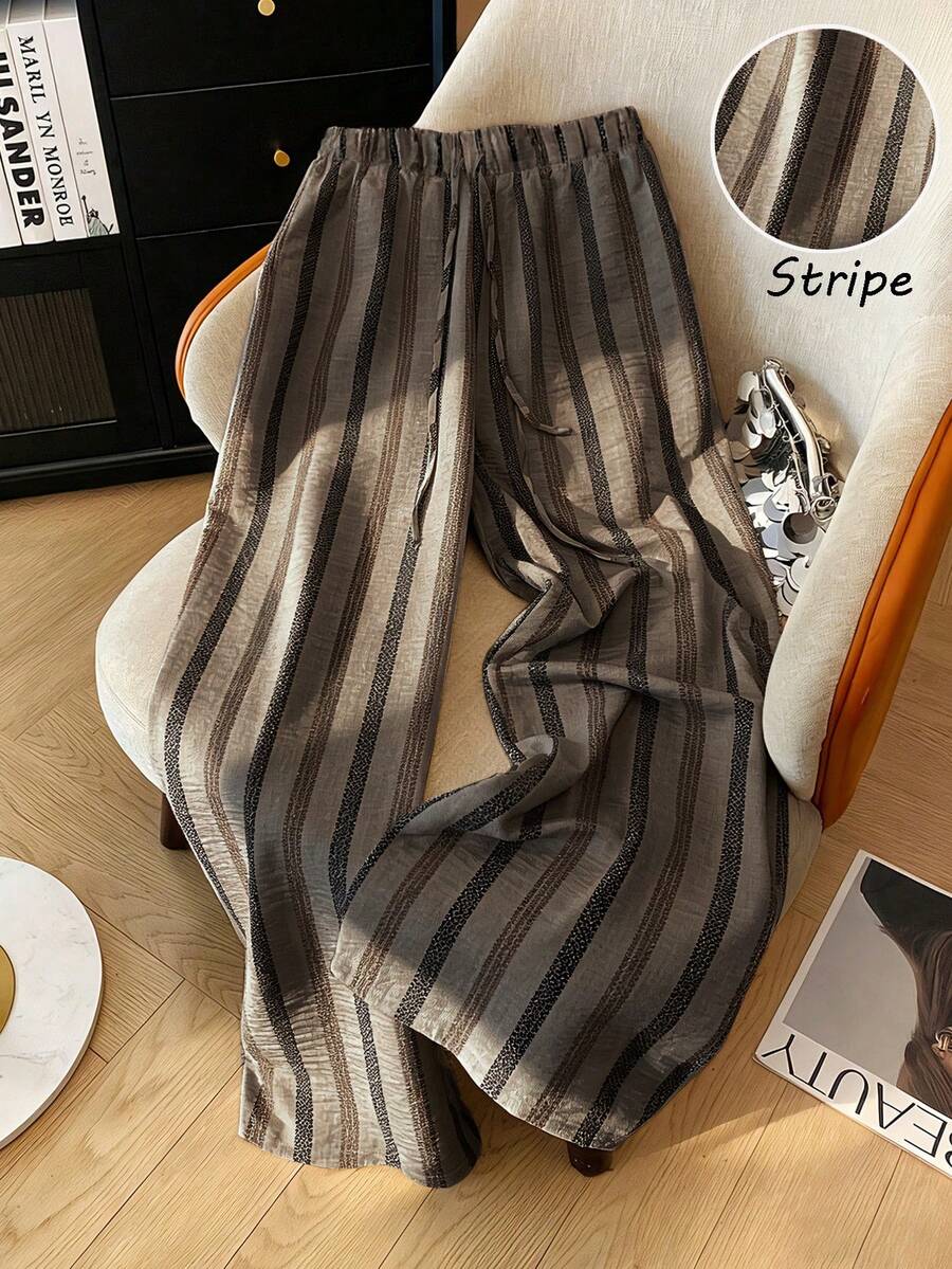 Franclia Celana Jogging Wanita Longgar Kasual Ramping Musim Panas Baru Pinggang Elastis Ringan Bergaris Musim Semi/Musim Panas - Mocha Brown - View 1