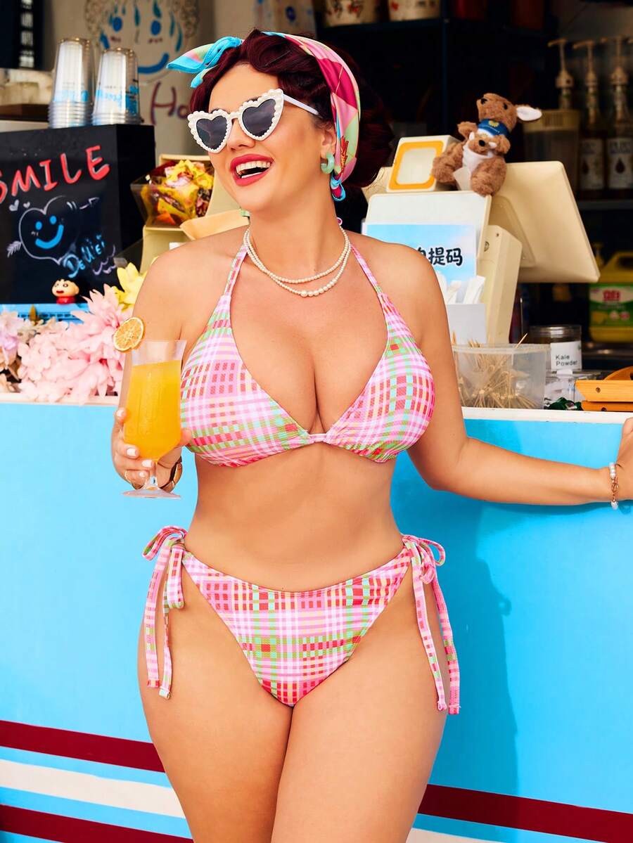 Swim Mod Plus Size Pink & Green Plaid Halter Bikini Set, Tie Triangle Cup Sexy Swimwear, European And American Resort Style - Pink - View 1