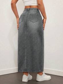 Rivivi Chân váy denim cài nút có túi dành cho nữ, kiểu dáng thường ngày. - Xám - Xem 2