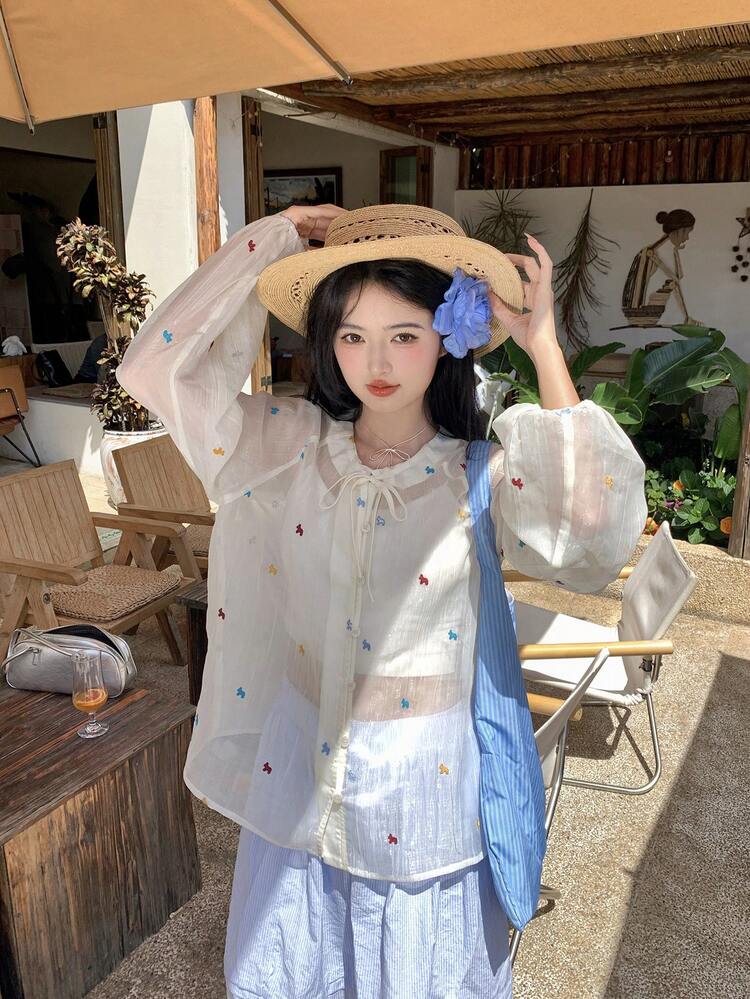 Women's Embroidered Pony Casual Tie-Sleeve Blouse
