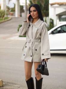 AfricaSnchz 女士时尚优雅双排扣束带风衣法式风衣女装风衣秋冬女装风衣 - 灰色 - 查看 5