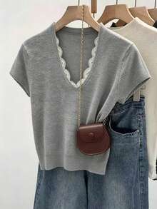 Franclia Nuevo suéter de punto con escote en V, parches de encaje, elegante, sexy y dulce para mujer, estilo casual y chic para primavera/verano - Gris - Ver 1