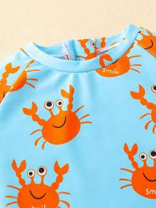 Baby Boy/Girl Comfortable Cute Sea Turtle & Shell Striped Print Long Sleeve Cover Up Swimsuit, Suitable For Outdoor, Vacation, Swimming, Hot Spring, Beach, Surfing, Spring/Summer - Blue - View 7