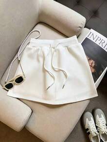 Everyssa White Drawstring Waist A-Line Casual Women's Mini Skirt - White - View 3