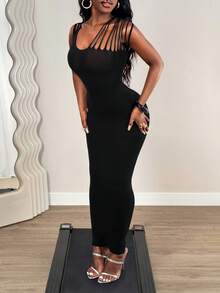 BamGleam 女士性感镂空网纱透视紧身无袖连衣裙 - 黑色 - 查看 1