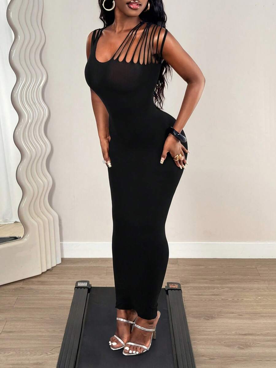 BamGleam 女士性感镂空网纱透视紧身无袖连衣裙 - 黑色 - 查看 1