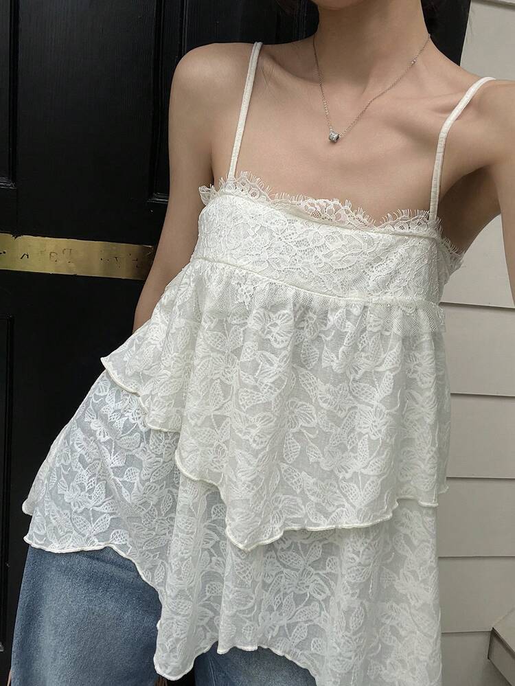 Women's White Lace A-Line Ruffle Hem Asymmetrical Hem Casual Vacation Beach Top, Spring & Summer