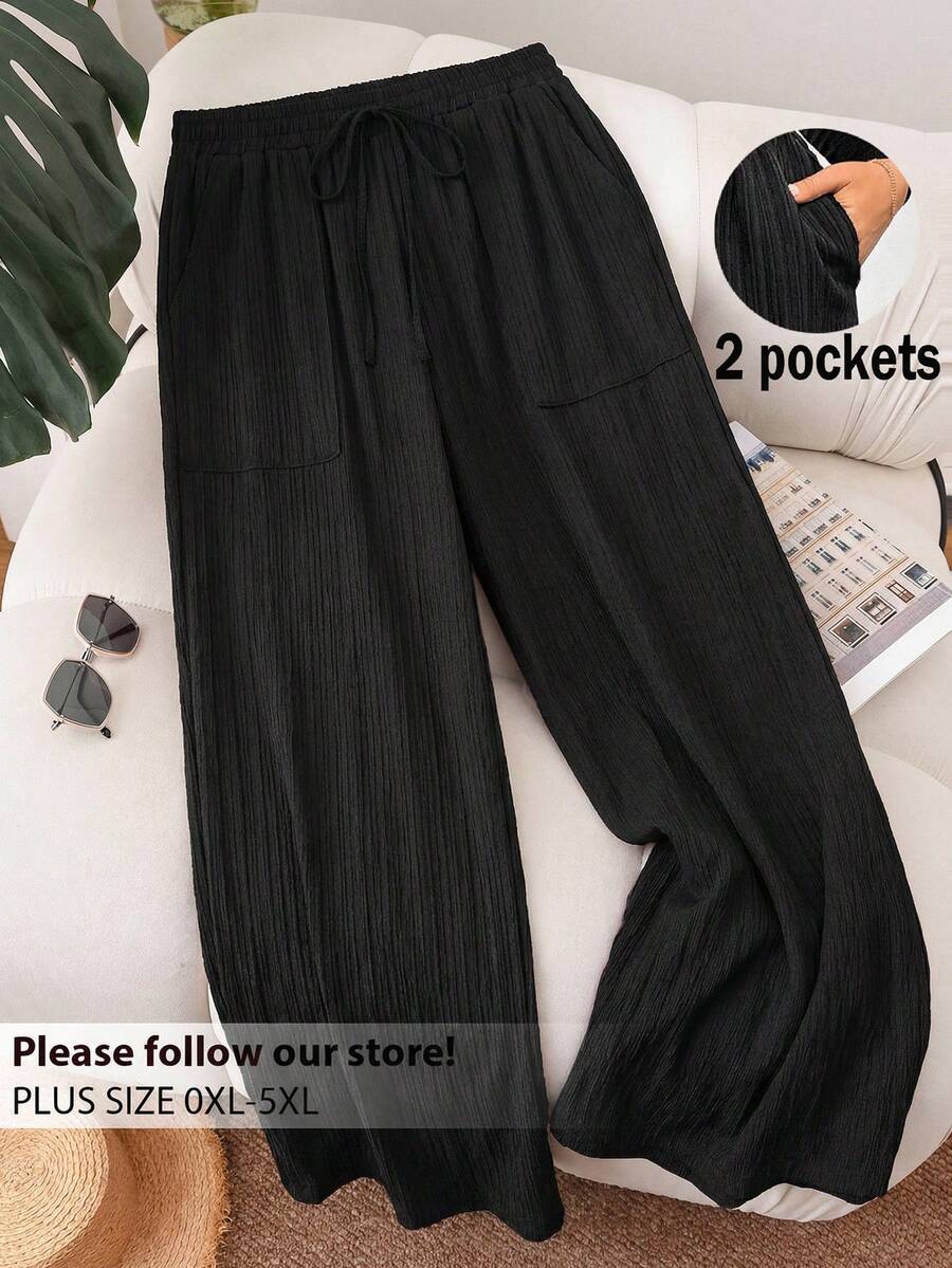 CosyJoli 大码女式春夏新款商务休闲沙滩裤，适合情人节、通勤等场合，时尚阔腿设计，带口袋。适合海滩度假、大学生、情人节、邮轮旅行等，夏季宽松休闲裤，大码女式休闲裤 - 黑色 - 查看 1