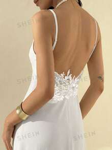 Aloruh Vestido ajustado de escote en V con tirantes finos, con parches de encaje y espalda abierta, adecuado para la temporada de bodas - Blanco - Ver 7