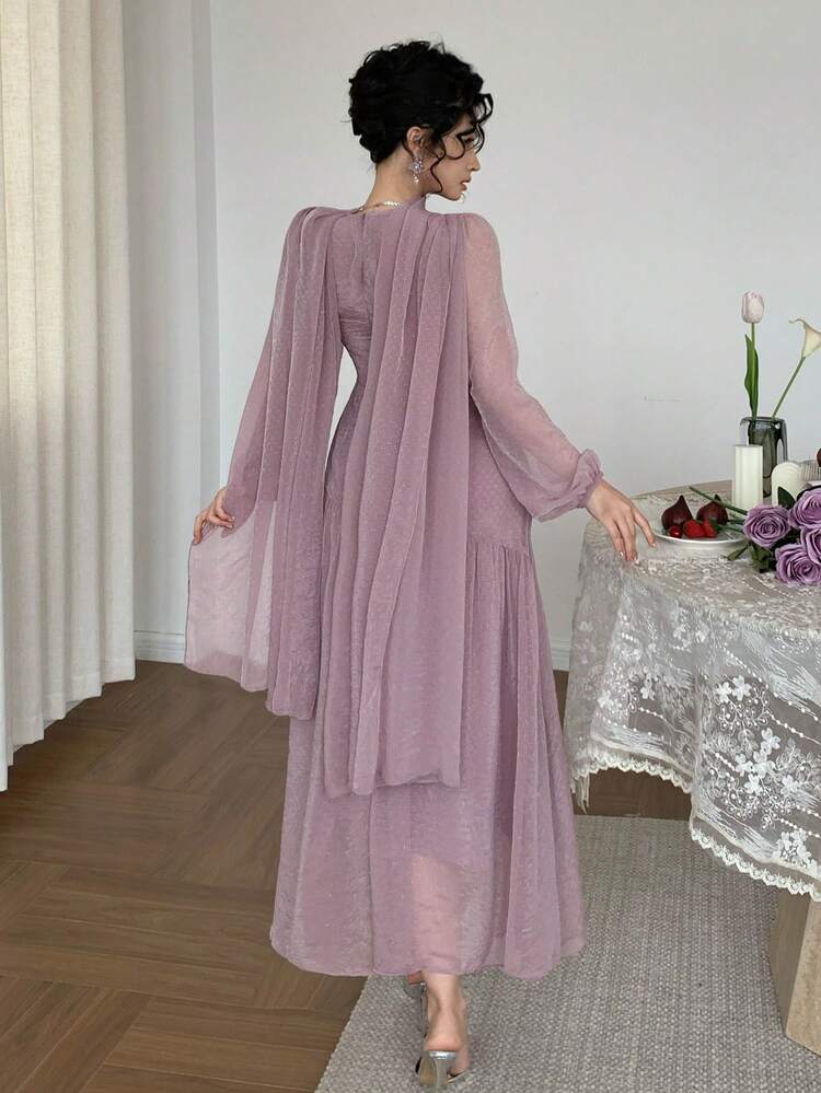 Women's Elegant Solid Color Petal Sleeve Fishtail Dress With Headscarf, 2 Pieces Set, Spring/Summer
