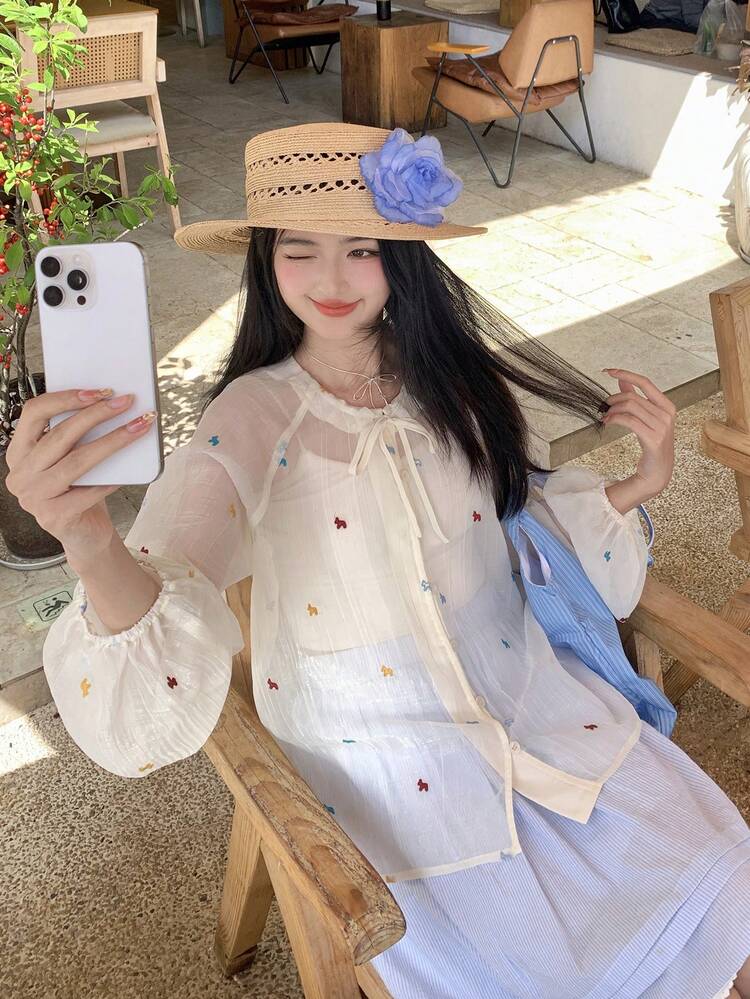 Women's Embroidered Pony Casual Tie-Sleeve Blouse