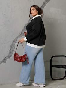 Bibi Tomais Plus Size Contrast Color Embroidery Casual Pullover Pullover Sweatshirt - Black - View 2