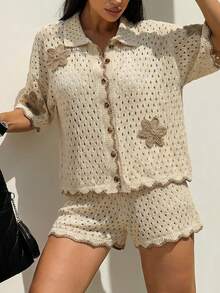 CasuGlow Boho Openwork Knit Flower Applique & Wooden Buttons Cardigan & Shorts Cover Ups - Krem - View 3