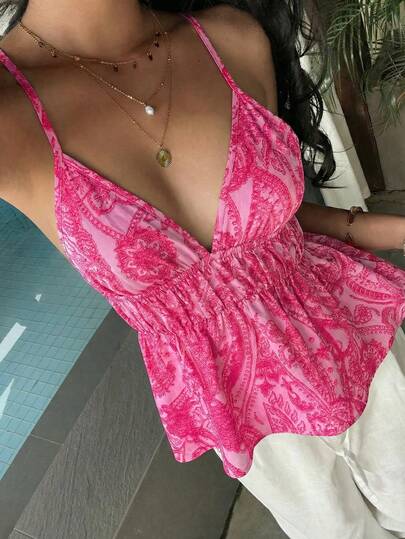 Sunnyshic Women's Summer Vacation Casual Bohemian Print Backless Ruffle Hem Camisole