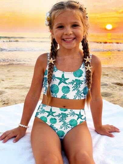 SHEIN 少女休闲简约吊带背心和三角比基尼泳衣套装，适合夏季穿着