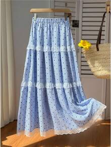 Flirla Women's Sweet Cute White Plaid Polka Dot Lace Trim Long Skirt, Beach Vacation, Skirt For Holiday, Vacation For Women Summer - Blue - View 8