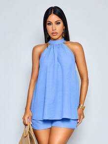 SOLERSUN 性感优雅的休闲沙滩度假两件套，薄荷绿露背吊带上衣，下摆不规则设计，搭配同色系短裤。约会和派对的完美之选。春夏女装，复古富贵风。 - 淺藍色 - 查看 6