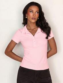 Glamine Camiseta Feminina Minimalista com Gola Polo, Botões, Manga Curta, Ajustada, Cintura Fina e Esportiva - Rosa chiclete - Visão 6