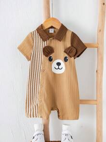 SHEIN Bộ áo liền quần tay ngắn hình gấu 3D dễ thương phối màu cho bé trai/bé gái sơ sinh, trang phục mùa hè cho bé. - màu nâu - Xem 7