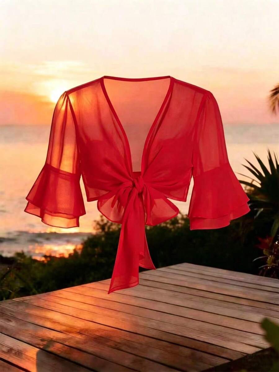 Qadelle Áo crop top đơn giản buộc dây phía trước, tay dài vừa phải, màu trơn dành cho nữ - Đỏ - Xem 1