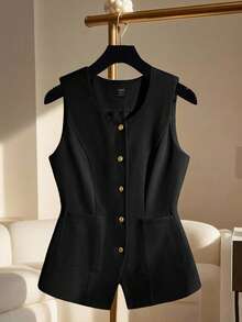 Franclia Áo vest nữ mỏng nhẹ, kiểu dáng thường ngày, cổ tròn, cài cúc đơn, không tay, thích hợp mặc đi làm, mùa xuân/hè. - màu đen - Xem 1