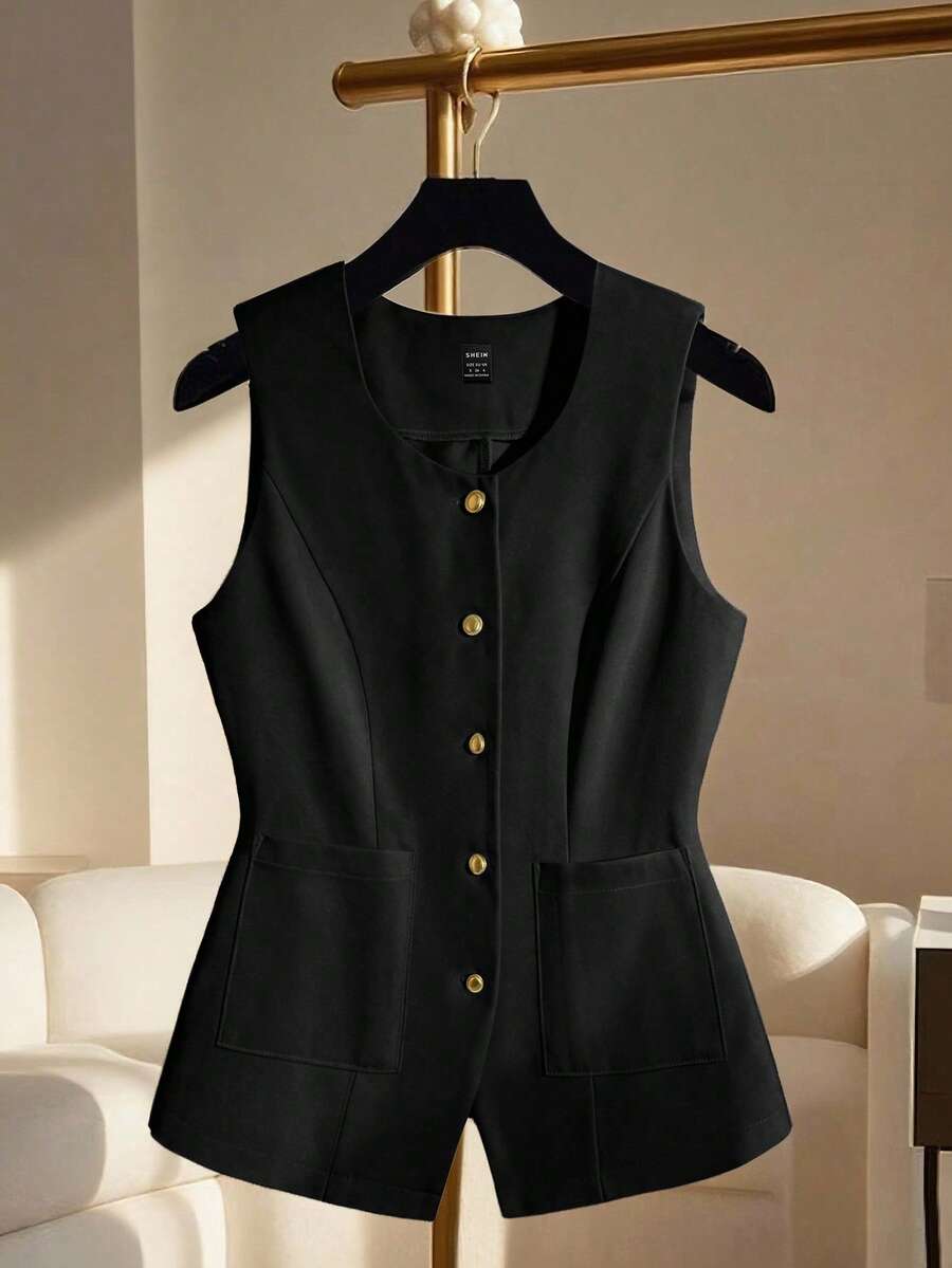 Franclia Áo vest nữ mỏng nhẹ, kiểu dáng thường ngày, cổ tròn, cài cúc đơn, không tay, thích hợp mặc đi làm, mùa xuân/hè. - màu đen - Xem 1