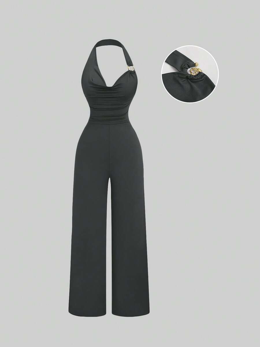 Sweetra Petite Spring/Summer Metal Buckle Halter Knit Jumpsuit, Comfortable Brown Slimming Petite Design For Women - Grey - View 1