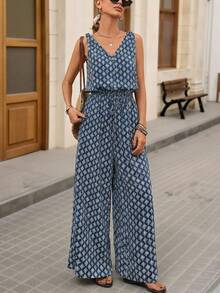 Brillora Women's Beach Vacation Sleeveless Wide Leg Jumpsuit With All-Over Print, Spring/Summer - Navy Blue - View 5