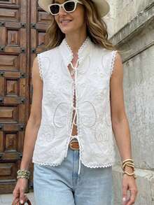 Solivie 女士优雅度假白色刺绣无袖衬衫 - 白色 - 查看 1