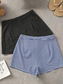 Resyla 2pcs/Set Celana Pendek Kasual Slimming Bergaris dengan Tali Serut Baru - MultiWarna - View 2