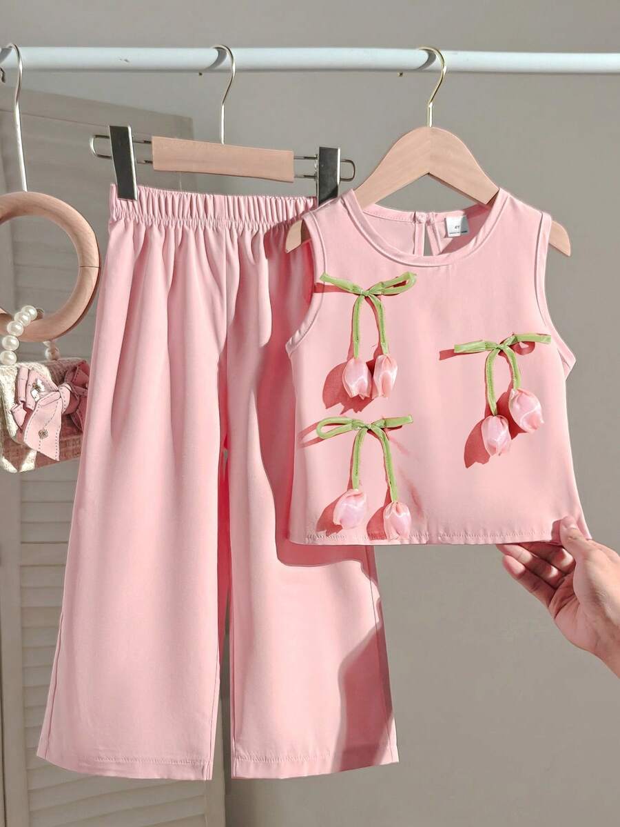 Souflis Souflis 2pcs Young Girl' Fashionable Cute 3D Tulip Grapes Flowers Decor Sleeveless Tank Top & 3/4 Pants Set,Versatile For Daily Wear, Vacation & Outings, Spring/Summer New - Pink - View 1