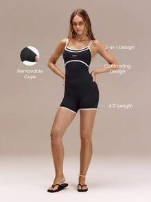 GLOWMODE 4.3英寸 FeatherFit™-Air Set Sail 仿两件式撞色胸肩带可拆卸胸垫连体衣，适合假日、度假、夏季日常休闲穿着 - 黑色 - 查看 2