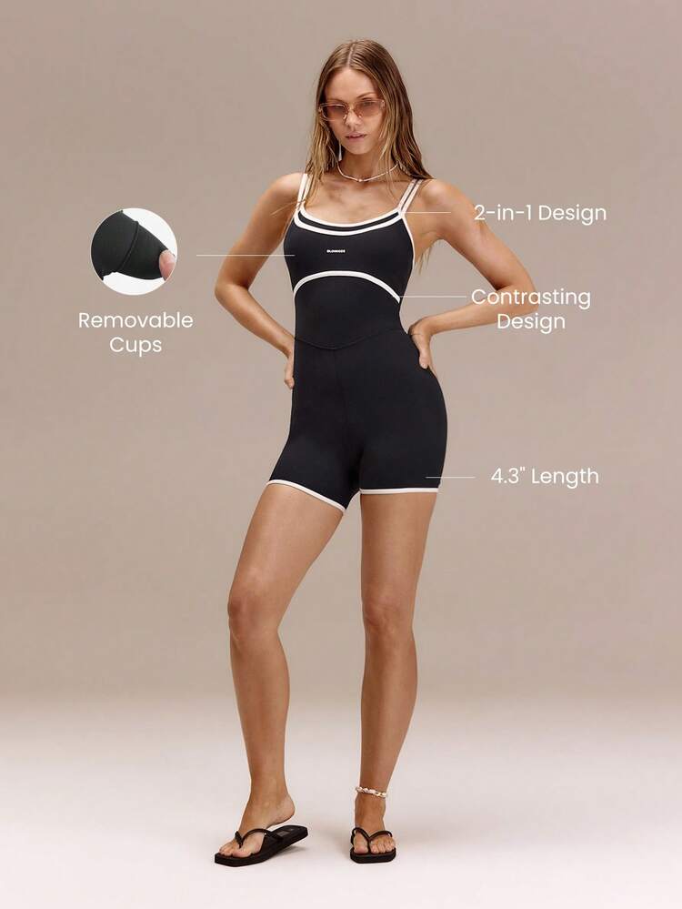 4.3" FeatherFit™-Air Set Sail Mock 2-Piece Contrasting Bust Shoulder Straps Removable Cups One Piece Romper  Holiday Vacation Summer Daily Casual Wear