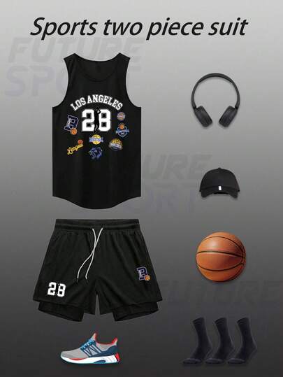 Manfinity Sport Corelite Men's Letter & Cartoon Print Round Neck Tank Top And Drawstring Waist Shorts Sports Suit
