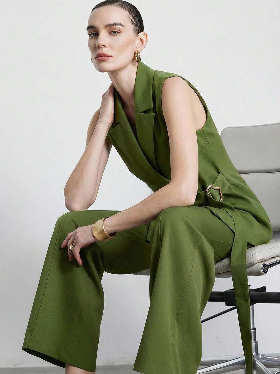 Aveloria Modichic Bộ vest nữ thời trang, thanh lịch mới gồm áo gile cổ bẻ, thắt lưng khóa bất đối xứng và quần ống đứng. - màu xanh lá - Xem 1