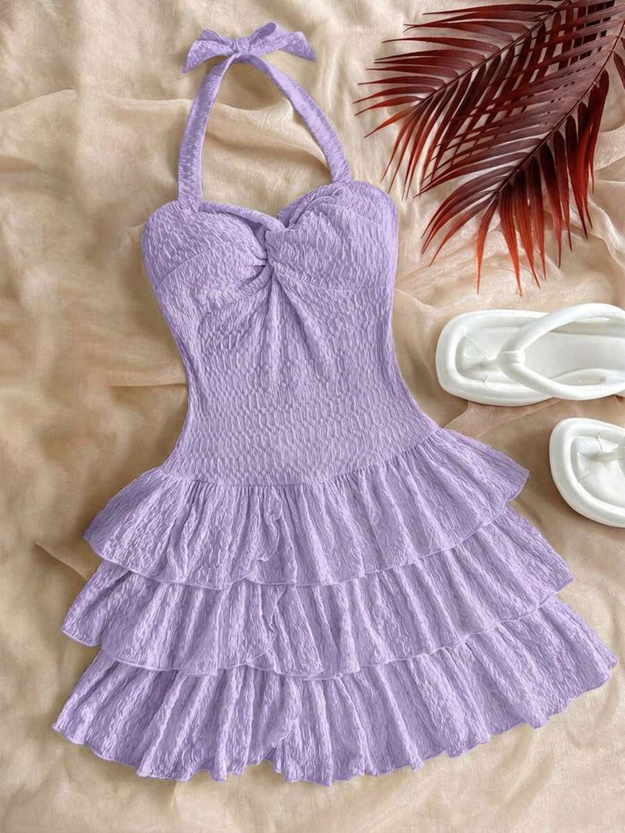 SHEIN Tween Girl Vacation Mini Dress With Elastic Ruched Bust,Tie Neck,Bowknot,And Tiered Can Wear Inner Or Outer,Summer Dresses,Solid White - Purple - View 1