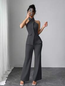 Conjunto de 2 piezas elegante con top sin mangas de cuello halter y pantalones largos de unicolor para mujer - Gris Oscuro - Ver 5