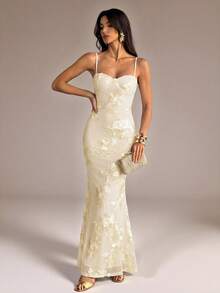 SHEIN Tall Đầm hai dây màu nâu ôm sát, họa tiết hoa 3D, gợi cảm, thích hợp cho đám cưới mùa thu, đầm maxi ôm sát dành cho nữ, đầm dạ hội, đầm cocktail hai dây. - Màu be - Xem 6