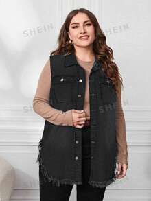 SHEIN Essnce 大尺碼扣環毛邊牛仔背心外套,附口袋 - 黑色 - 查看 6