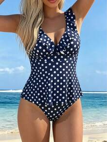 Swim Lushoire Bộ đồ hai mảnh gồm áo hai dây và bikini in chấm bi viền bèo nhún dành cho nữ. - Màu xanh hải quân - Xem 5