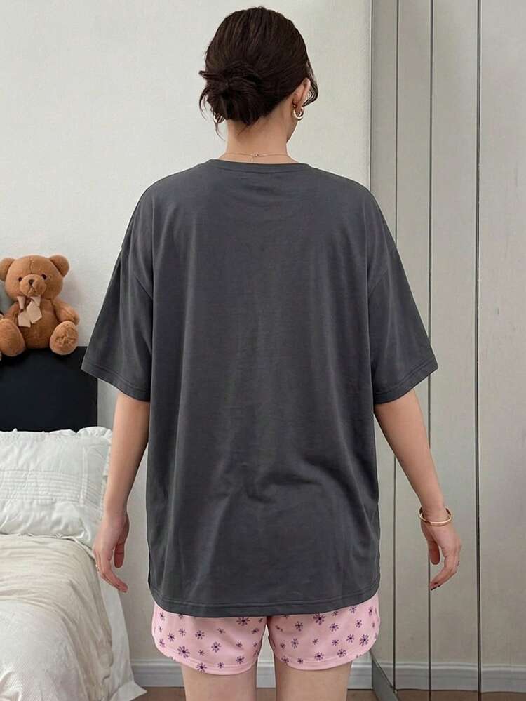 Women's Letter & Floral Print Short Sleeve Top And Shorts Casual Loungewear Set